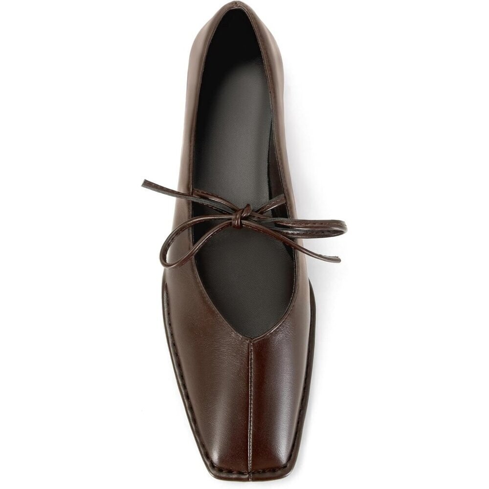 Women Chocolate Faux Leather Square Toe Lace Up Ballerina Ballet Slip On Flats